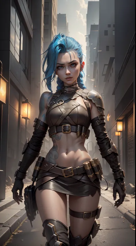 ((Best quality)), ((masterpiece)), (highly detailed:1.3), 3D, arcane style,In the dark and gritty dystopian city Piltover, plagued by violence and divided into two opposing factions, a young prodigy named Jinx emerges,HDR (High Dynamic Range),Ray Tracing,N...