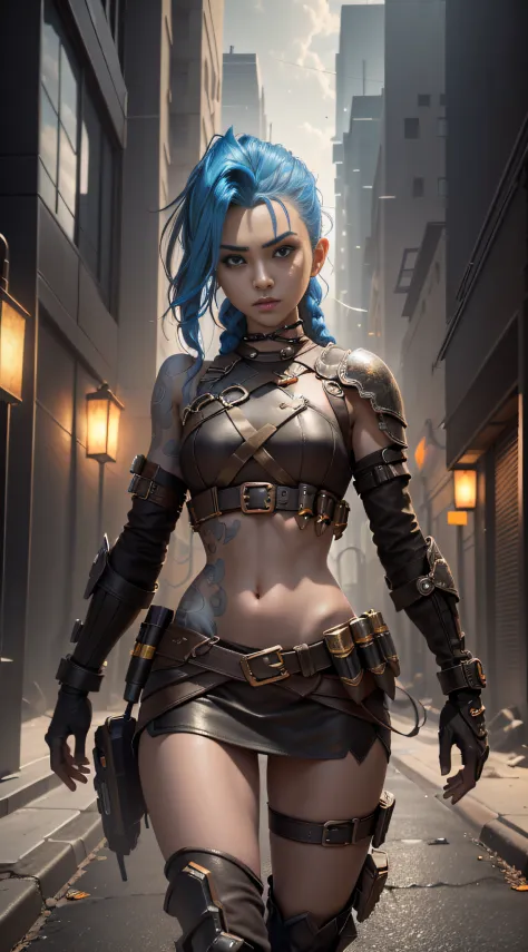 ((Best quality)), ((masterpiece)), (highly detailed:1.3), 3D, arcane style,In the dark and gritty dystopian city Piltover, plagued by violence and divided into two opposing factions, a young prodigy named Jinx emerges,HDR (High Dynamic Range),Ray Tracing,N...