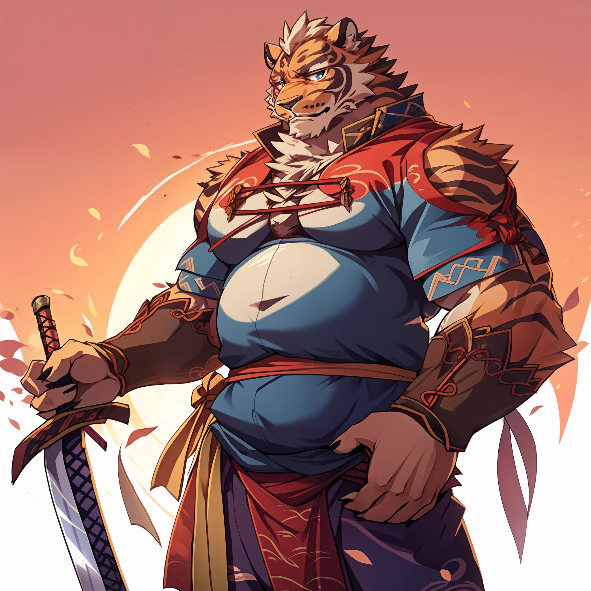 Lin Hu，musculature，tit，Fat Chubby，Wear a katana，potbelly，Plump and firm，Huge protrusions on the lower body，Wear a katana，Samurai style，carrying swords on his back，Five fingers，byself，Put your hands in your pockets