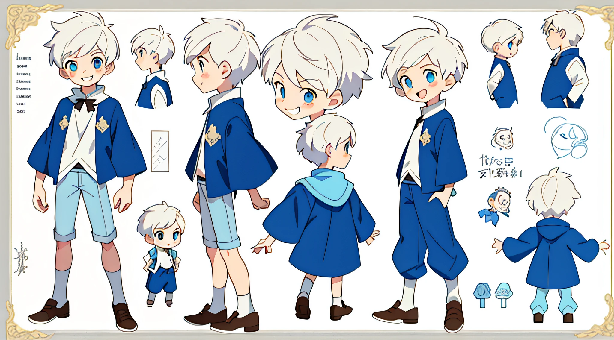 Reference sheet of a kid cute boy, short white hair and blue eyes, smiling, ((masterpiece)),(((best quality))),(character design sheet,same character,front,side,back) wearing a casual cloth and short pants, detailed face, detailed hair, concept art, character concept art, character sketch, reference sheet, character sheet