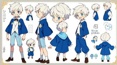 Reference sheet of a kid cute boy, short white hair and blue eyes, smiling, ((masterpiece)),(((best quality))),(character design...