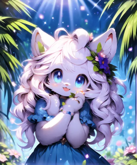 furry girl,cat ear, blue dress, flower  sea,smile, hair adornments, view the viewer, one hand up, head tilt