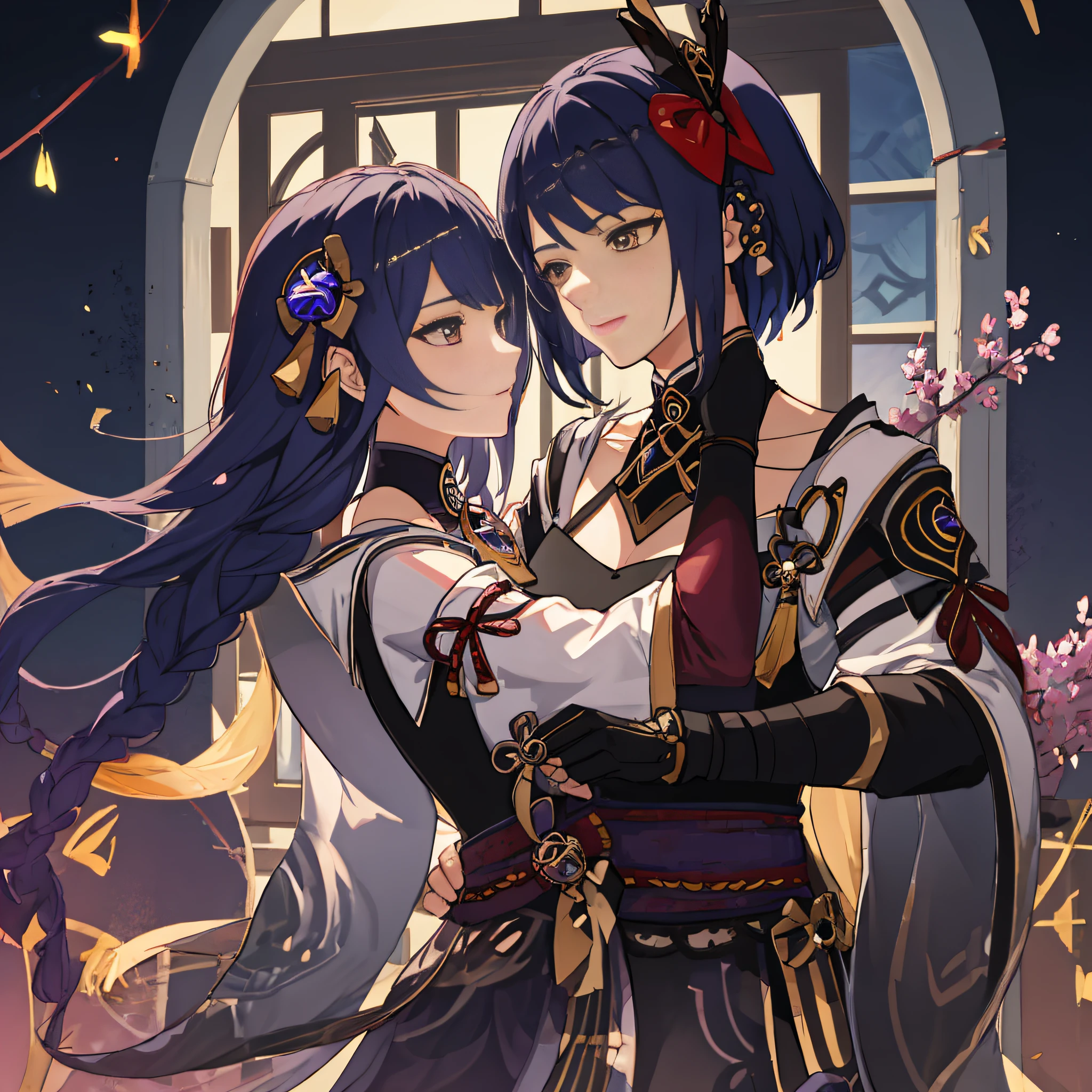 Anime couple hugging in front of a large window with a clock, Keqing from Genshin Impact, genshin, Ayaka Genshin Impact, Zhongli from Genshin impact, from the azur lane videogame, Onmyoji Portrait, Genshin Impact, Game Ayaka Genshin Impact, Onmyoji Detail Art, charachter: Genshin Impact