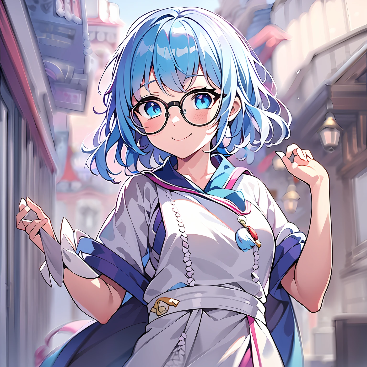 (masterpiece), best quality, expressive eyes, perfect face, white miko uniform, beautiful face, detailed eyes, blue hair, short hairstyle, dynamic angle, gorgeous pose, smile gently, glasses