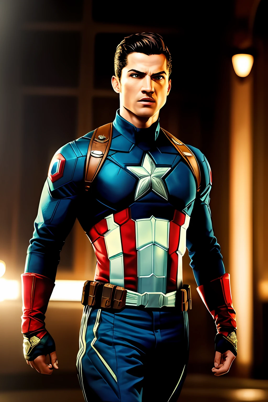 . .Tarantino Cristiano Ronaldo style as Captain America 8k, highes definition, rosto detalhado, rosto detalhado, olhos detalhados, terno detalhado, estilo Marvel e DC, hiper-realista, + Cinematographic shot + dynamic compositing, incrivelmente detalhado, nitidez, detalhes + detalhes soberbos + noite com luz + perfeccionismo + realismo premiado ((soft-lighting))