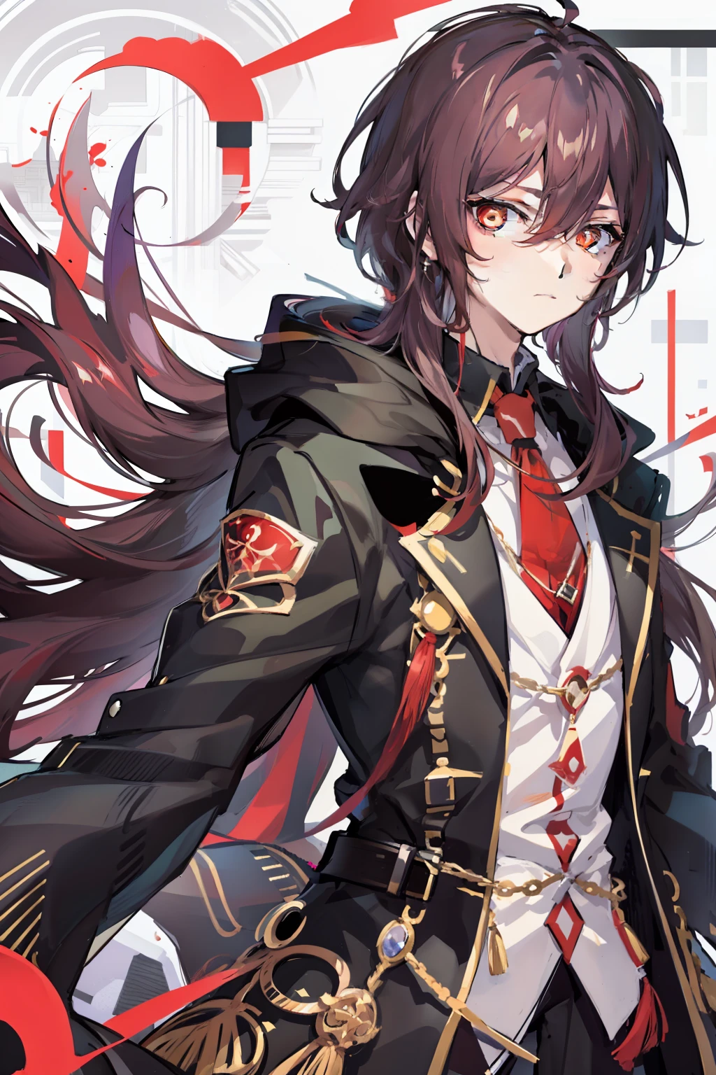 （Brunette God：1.3），（Tall anime man：0.9），（黑The eye：0.8），1 boy wearing a black coat and red tie，standing tall and proud prussia，hajime yatate，Beautiful androgynous prince，Delicate androgynous prince，anime style like fate/Stay overnight，male anime character，Anime handsome man，white background and a little star，Crystal earrings，anime big breast，style of anime， depth of fields， hyper HD， textureskin， high qulity， high detal， 4K， best qualtiy， More detailed,，Appears alone，hight contrast:1.2，high saturated:1.2，looking at viewert，（Framing from above:1.2），