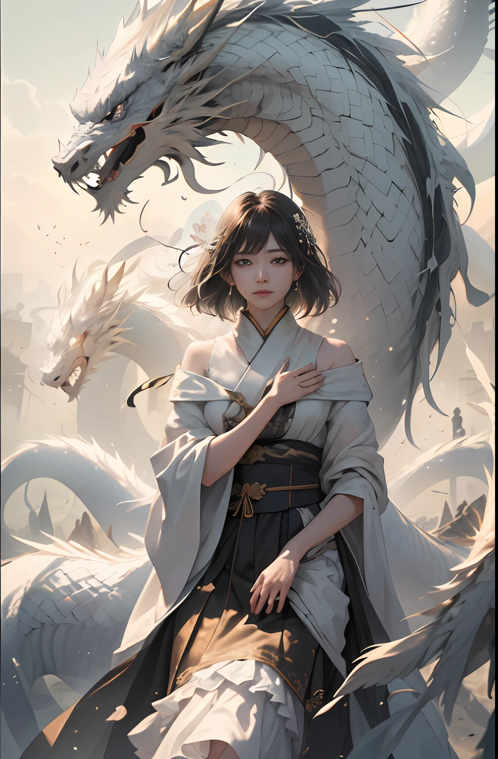 动态照明，Artistic sense，poster for，Volumetriclighting，Very detailed faces，8k wallpaper，Award-Awarded，1 girl with a perfect body，There was a white dragon beside him，Cinematic light and shadow