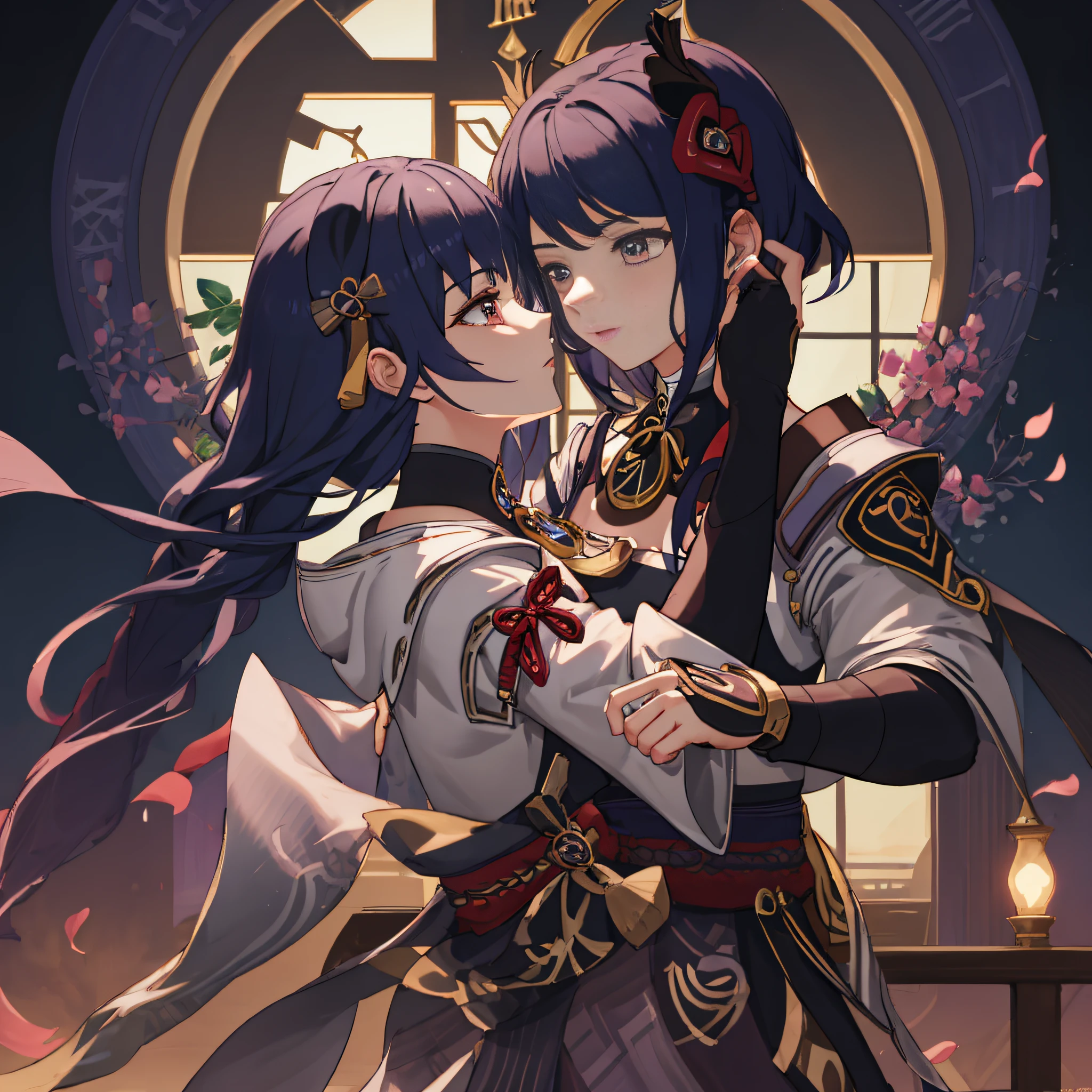 Couple d&#39;anime s&#39;embrassant devant une grande fenêtre avec une horloge, Keqing from impact genshin, genshin, Ayaka impact genshin, zhongli de genshin impact, du jeu vidéo Azur Lane, portrait d&#39;onmyoji, impact genshin, Game Ayaka impact genshin, Art détaillé d’Onmyoji, personnage: impact genshin