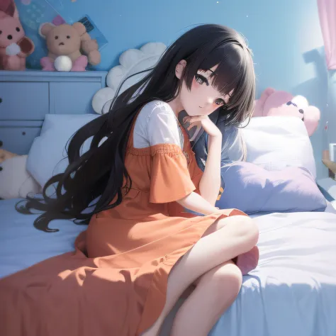 anime girl sitting on bed in orange dress with stuffed animals, loli in dress, anime moe art style, sitting on her bed, sit on a...