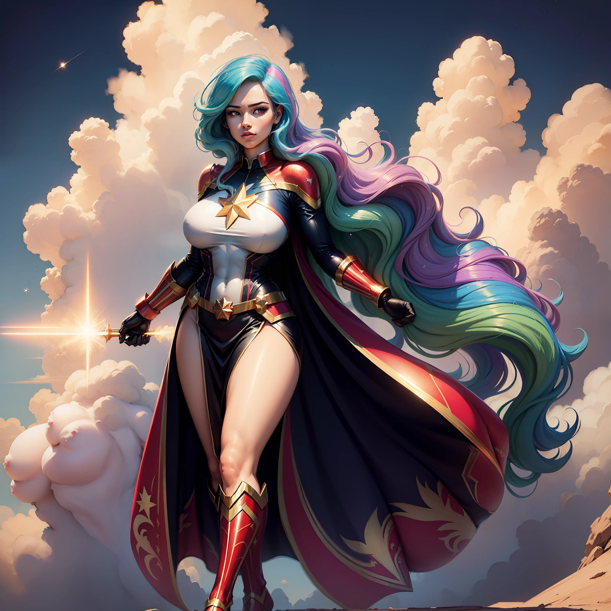 Princess celestia, Huge-breasts, Lush breasts, Elastic breasts, hairlong, Luxurious hairstyle, In the costume of Captain Marvel, in the sky, superhero, in full height, Evil Look, Magic, Flight beam, beste-Qualit, Very detailed, 8K quality, in full height