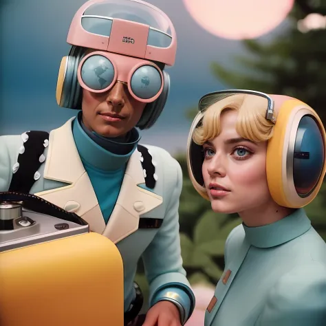 4k image from a 1970s science fiction film, imagem real, Estilo Wes Anderson, pastels colors, people wearing retro-futuristic fashion clothes and futuristic technological ornaments and devices, luz natural, cinemactic, Psicodelia, futurista estranho, retro...