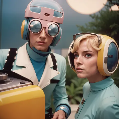 4k picture of a 1970's sci-fi movie, real picture, Wes Anderson style, pastel colors, people wearing retro-futuristic fashion clothes and futuristic technological ornaments and devices, natural light, cinematic, psychedelia, weird futuristic, retro-futuris...