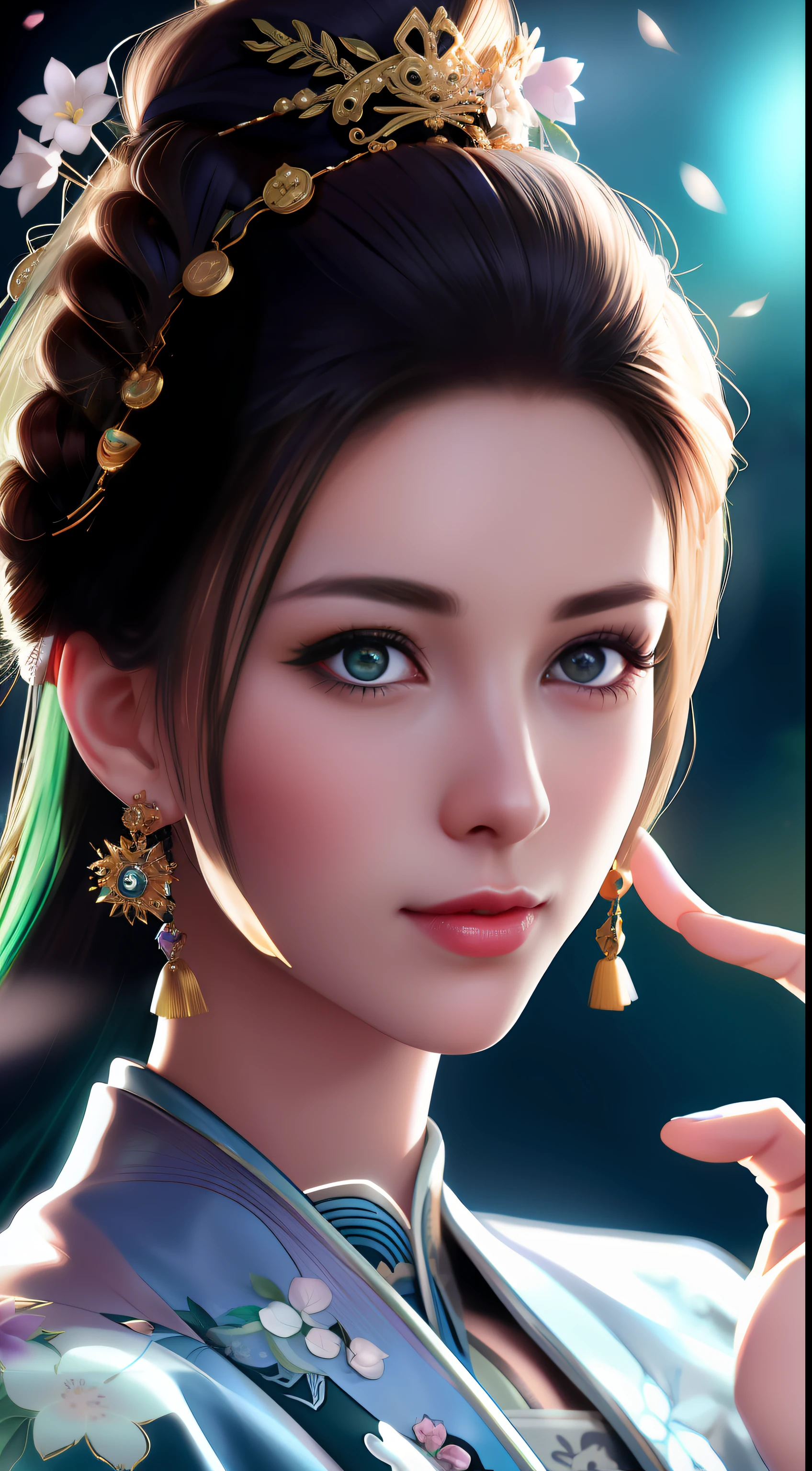 Best quality, Masterpiece,The whole body of the machine,Night, Next to the blue cherry blossoms，1 girl, Mature woman, Chinese style, Ancient China, sister, Imperial sister, Smile, Dark brown hair, Dark hair, Princess cut, Fried dough twisted braids, Coiled hair, Double ball head, Light pink lips, calm, Intellectual, mid hair, Green eyes, Hairpin, hydrangea, Fine face, facial closeups, Close-up of the hand, Green clothes,Beautiful face,Photorealistic, rim lit, twotonelighting,(highdetailskin:1.2), 8K Ultra HD, Digital SLR, Soft lighting, High quality, voluminetric lighting, photographed, high resolution, 4K, 8K, Bokeh