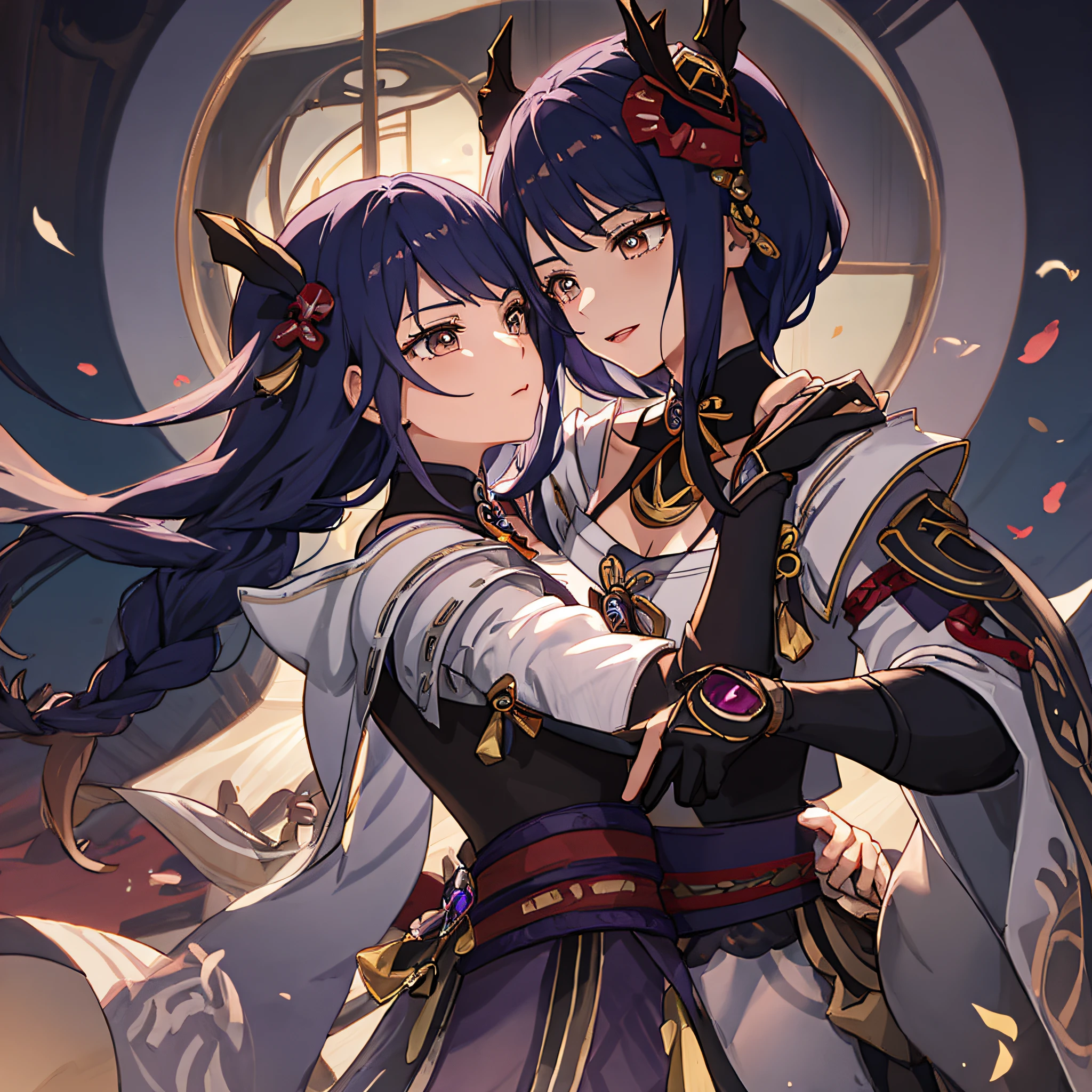 Anime couple hugging in front of a large window with a clock, Keqing from Genshin Impact, genshin, Ayaka Genshin Impact, Zhongli from Genshin impact, from the azur lane videogame, Onmyoji Portrait, Genshin Impact, Game Ayaka Genshin Impact, Onmyoji Detail Art, charachter: Genshin Impact