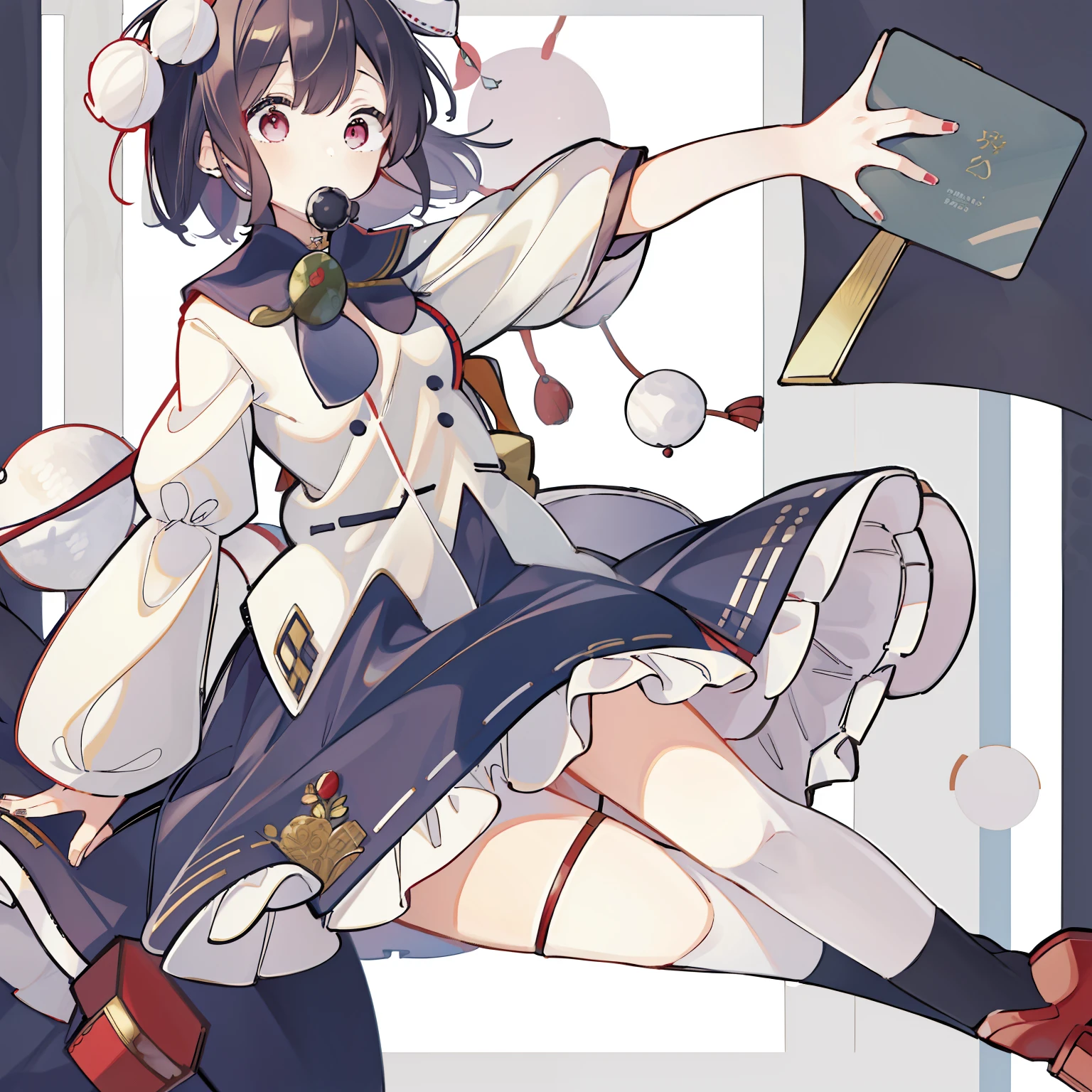 masutepiece, Fine detail, 4K, 8K, 12K, Solo, Solo, Beautiful Girl, caucasian female, Seseimarufumi, Black hair、Red eyes、alternate costume、a sailor suit、White tops、a blue skirt、knee high socks、5 Draws、lowfers