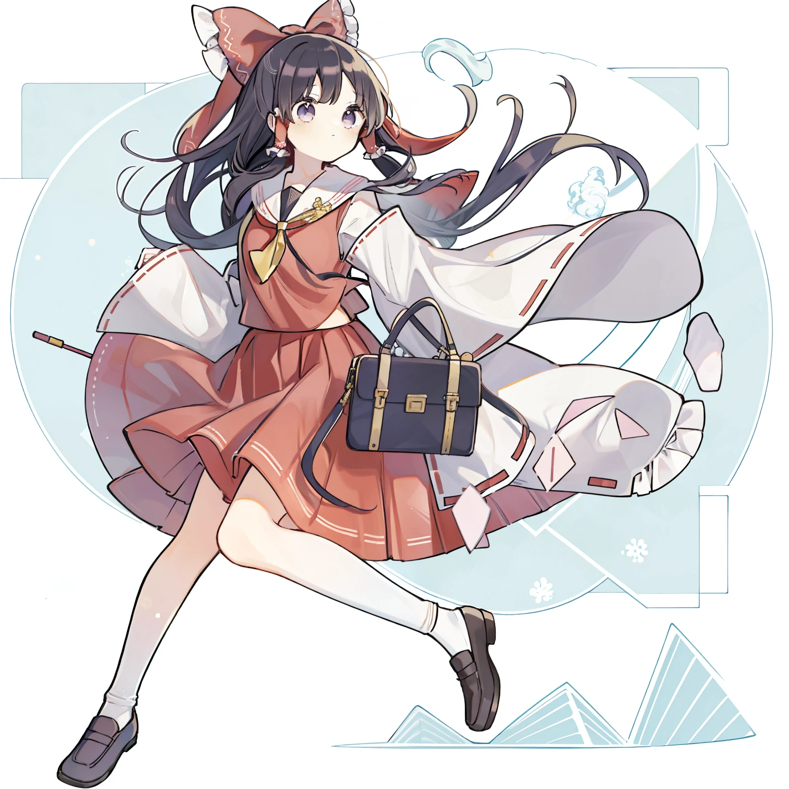 Depiction of a young woman with long hair holding a briefcase, 1 girl, solo, Reimu Hakurei, school uniform, Gohei, skirt, shoes, Serafuku, white sailor uniform, socks, Mary Janes, school background, different costume, long sleeves, black hair, full body, looking at viewer, long hair