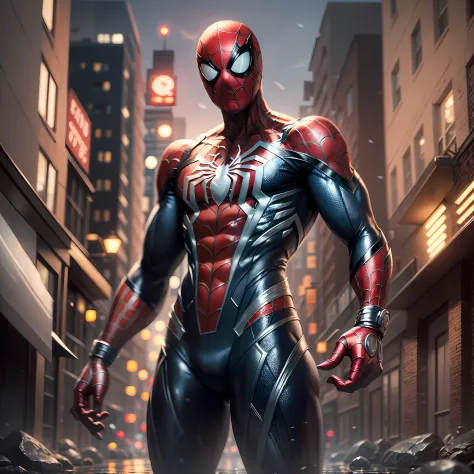 Imagine Spider-Man in a shiny black suit, all in black leather, with black vibranium metal. High quality, cinematic realistic image. 4k quality, with professional camera quality. Night scenery with wet streets