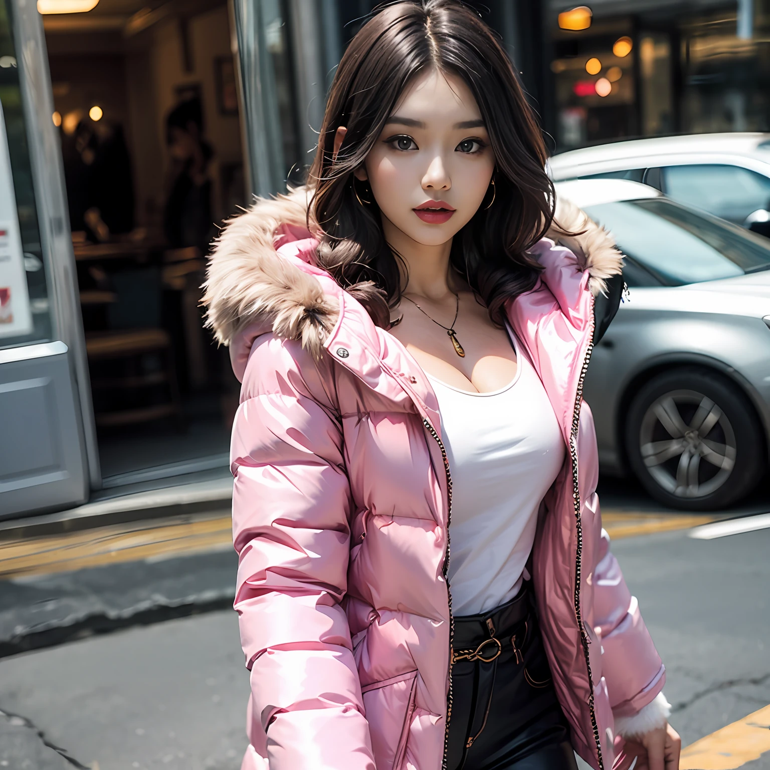 Japanese woman,  pale skin,  bright lipstick , wearing a( very tight and short) pink ((silk))  puffer coat, photorealistic, masterpiece, fluffy fur hood, attitude on her face, cleavage, open coat, sexy,  cute, blushing