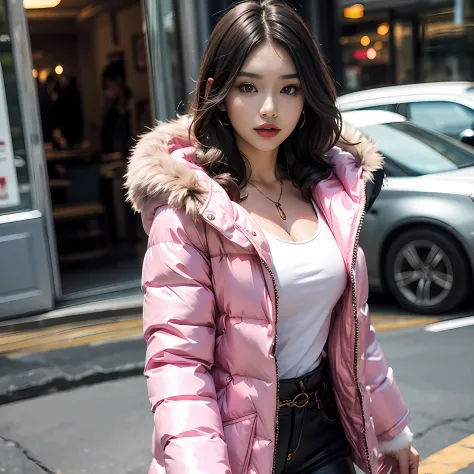 Japanese woman,  pale skin,  bright lipstick , wearing a( very tight and short) pink ((silk))  puffer coat, photorealistic, mast...