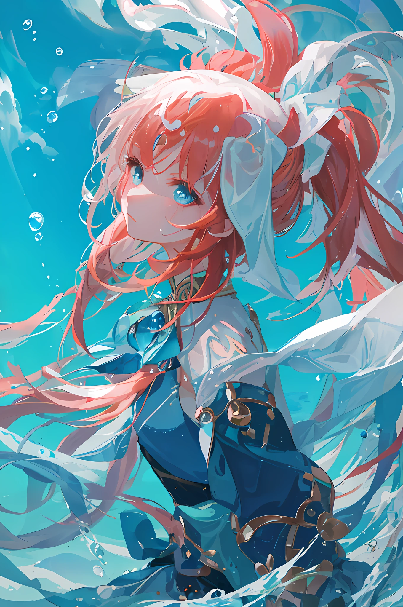 Best quality at best，ultra - detailed，Beautiful detailed face，1girl，solo，submerged water，Partially submerged，airbubble，shiny skins，sweat leggs，mostly cloudy sky，Light red hair loss，