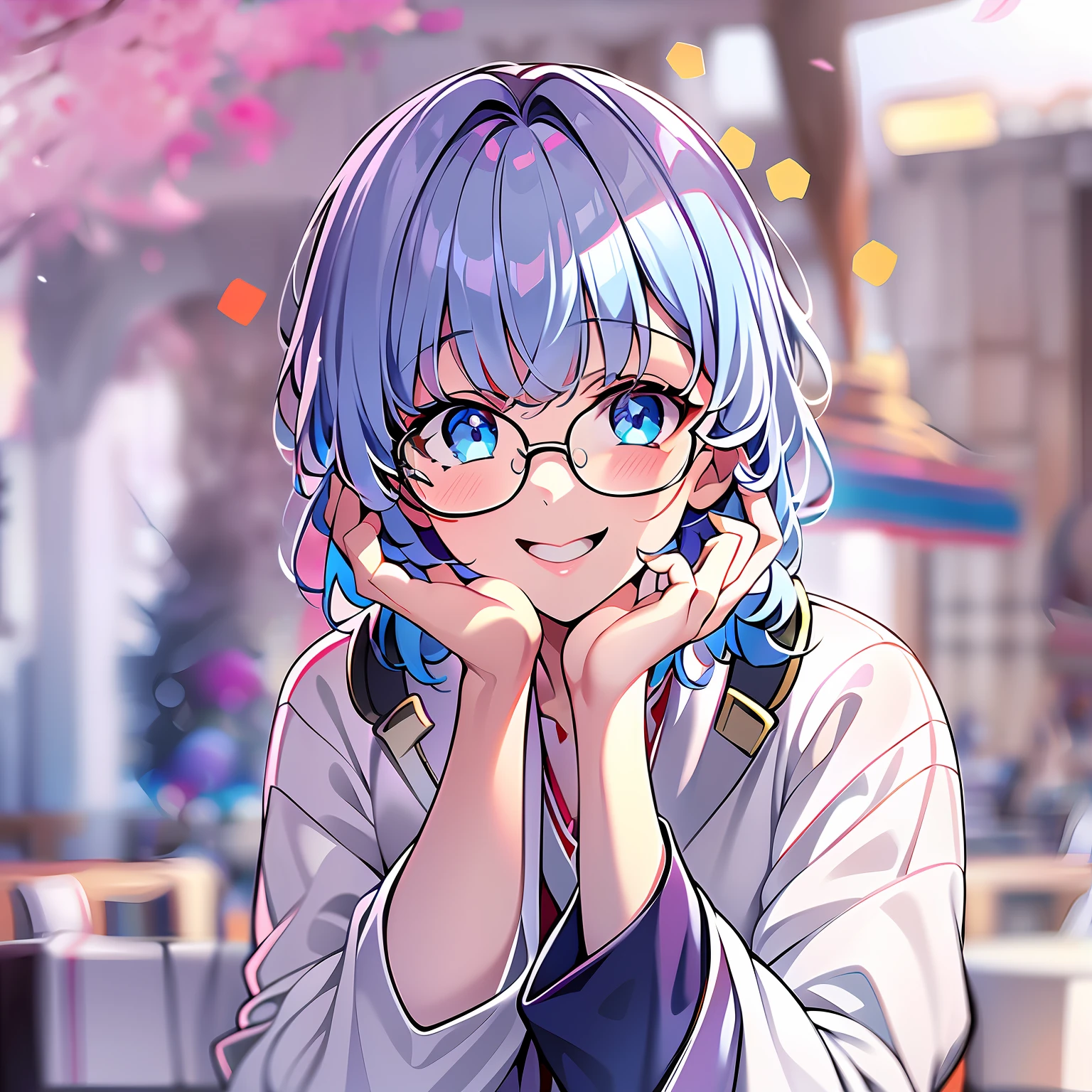 (masterpiece), best quality, expressive eyes, perfect face, white miko uniform, beautiful face, detailed eyes, blue hair, short hairstyle, dynamic angle, gorgeous pose, smile gently, glasses, best quality, 1girl, 15 years old, Beautiful face, rim lighting, (high detailed skin:1.2), 8k uhd, high quality, high resolution, 4k, 8k, Bokeh,  absurdres, best ratio four finger and one thumb,