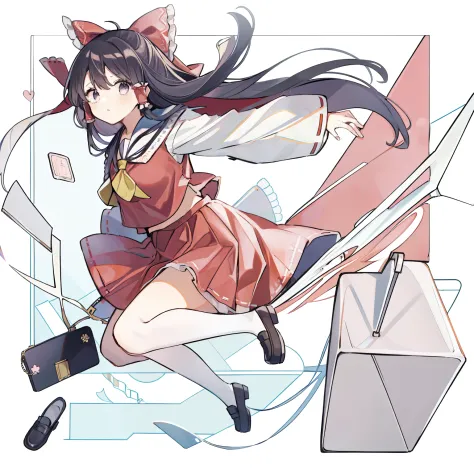 depiction of a young woman with long hair holding a briefcase, 1 girl, solo, reimu hakurei, school uniform, just flat, skirt, sh...