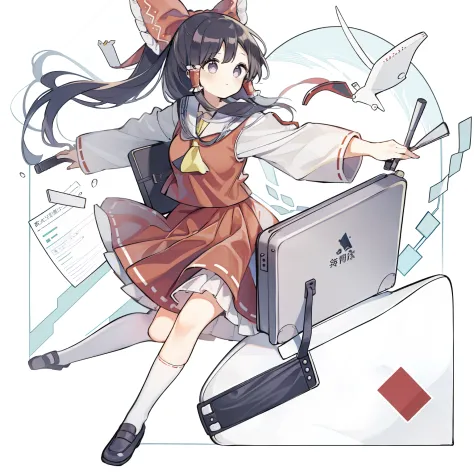 depiction of a young woman with long hair holding a briefcase, 1 girl, solo, reimu hakurei, school uniform, just flat, skirt, sh...