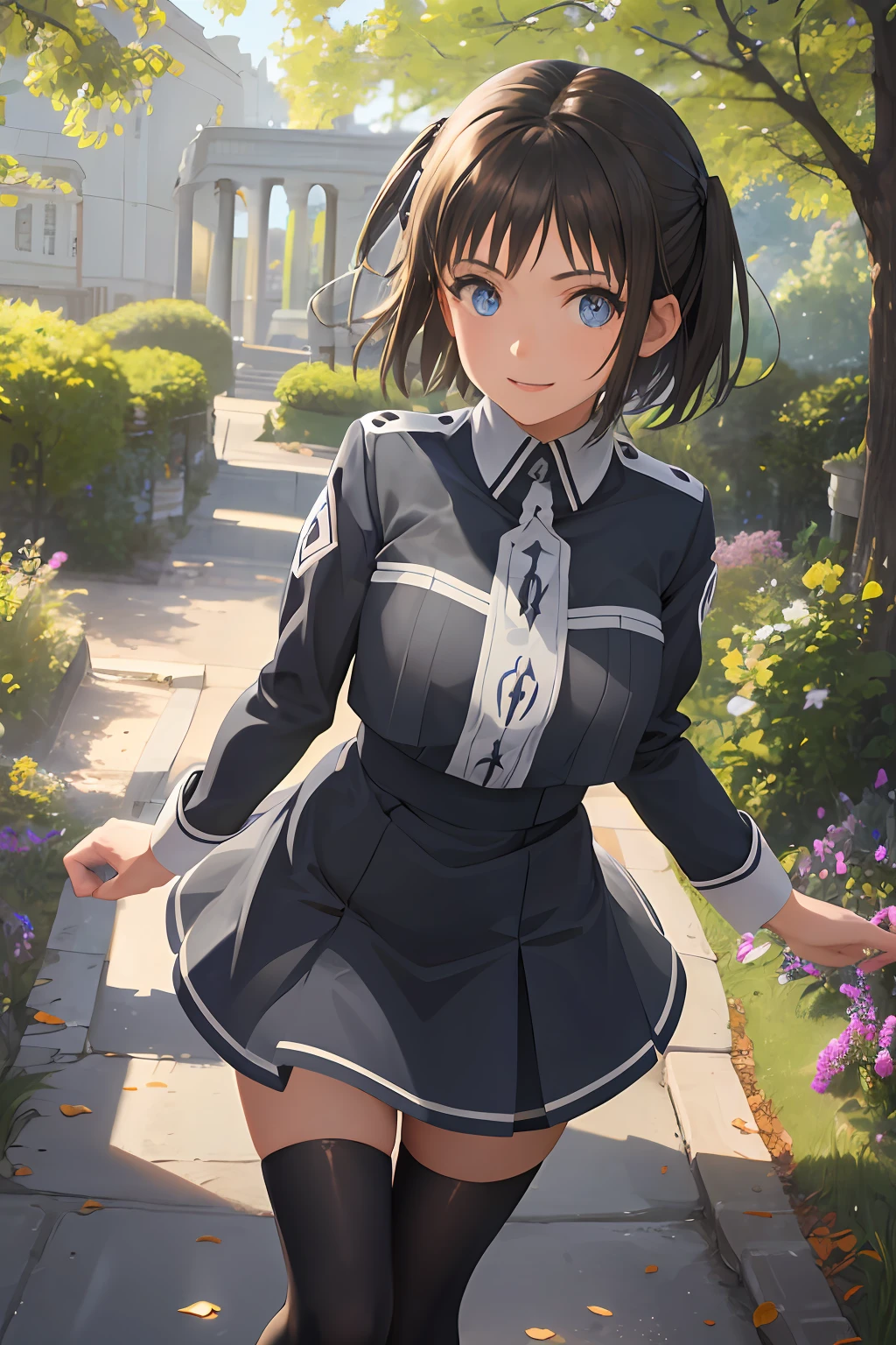 absurdres, highres, ultra detailed, detailed reflecting eyes by professional digital painting,  (1girl:1.3), Ronye Arabel, short hair, blue eyes, RonyeUniform, long sleeves, school uniform, grey skirt, black thighhighs, smile, meadow