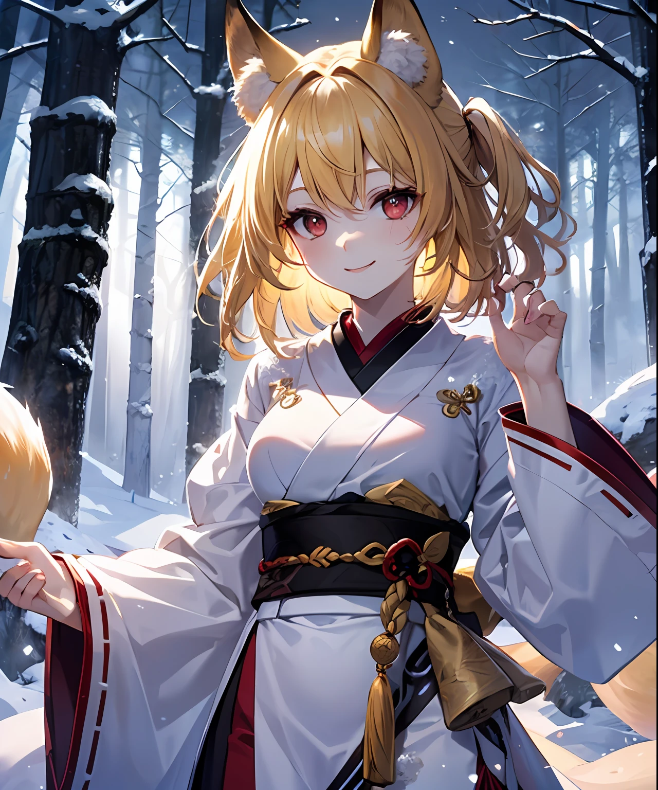 (​masterpiece、top-quality)、独奏、1womanl、Medium Hair、Yellow hair、Red Eye、A smile、Fox ears、White skin as clear as snow、Fantastical、夏天、the woods、