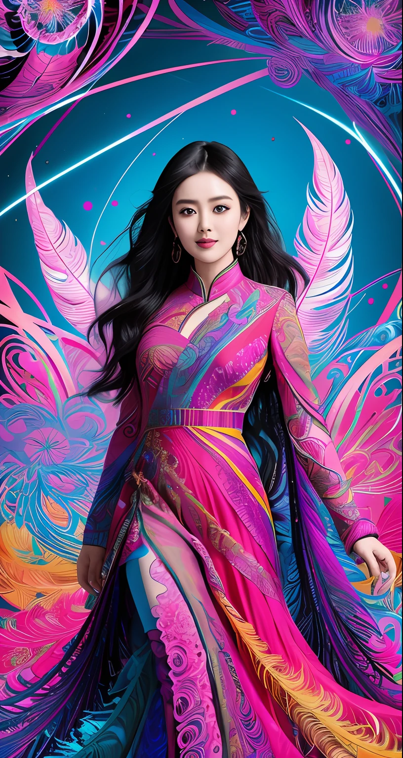 erjie, girl in a fluid and dynamic pose, wearing a loose, flowing pink dress, mysterious expression, curly black and pink hair, [Zhang Ziyi|Aishwarya Rai], in a modern and abstract setting, with bold and colorful abstract art, blurred background, bright lighting, official art, unity 8k wallpaper, (zentangle, mandala, tangle, entangle), intricate clothes,zhongfenghua (full body,from everywhere,masterpiece, top quality, best quality, official art, beautiful and aesthetic:1.2), extremely detailed,(fractal art:1.1),(colorful:1.1)(flowers:1.3),highest detailed,(zentangle:1.2), (dynamic pose), (abstract background:1.3), (shiny skin), (many colors:1.4), (feathers:1.5),  dynamic angle, the most beautiful form of chaos, elegant, a brutalist designed, vivid colours, romanticism,