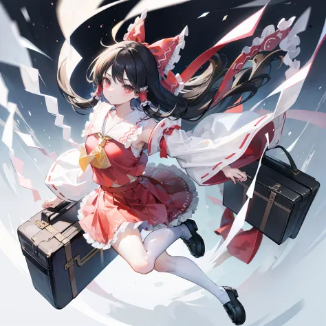 Depiction of a young woman with long hair holding a briefcase, 1 girl, Solo, reimu hakurei, School uniform, Just flat, Skirt, sh...