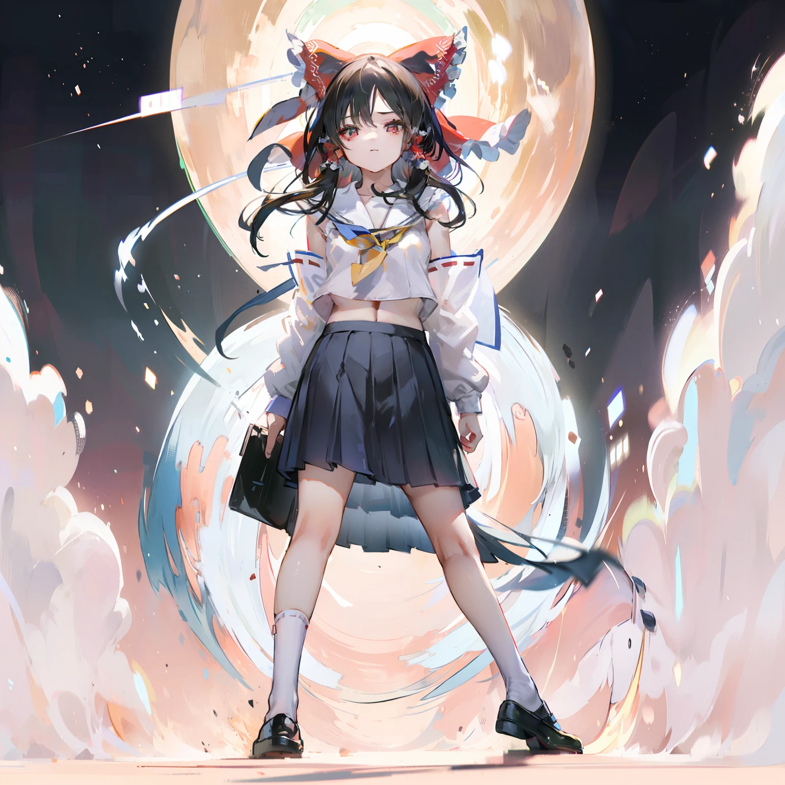 Depiction of a young woman with long hair holding a briefcase, 1 girl, Solo, reimu hakurei, School uniform, Just flat, Skirt, shoes, serafuku,White tops、 White Sailor Uniform, sox, mary janes, School Background, different costume, Long sleeves, Black hair, Full body, Looking at Viewer, Long hair