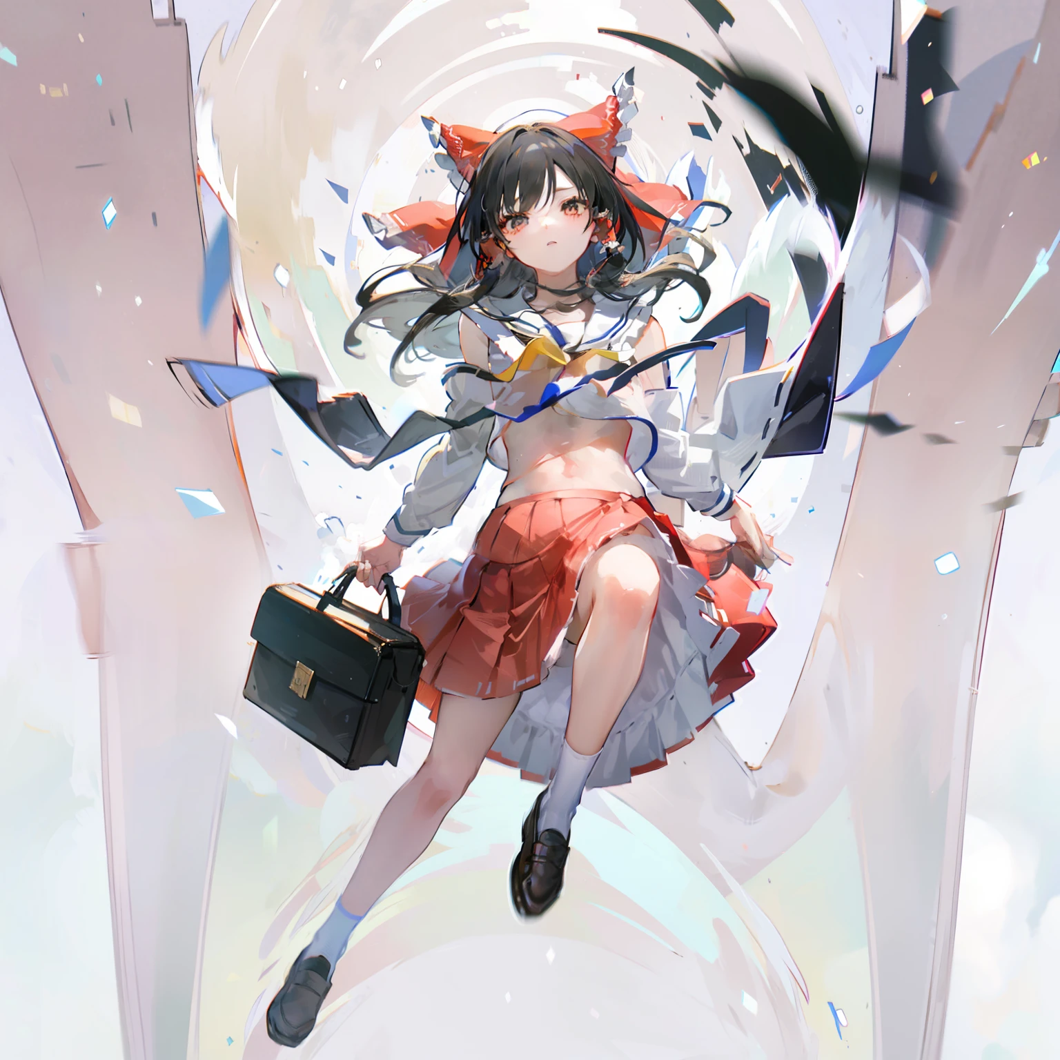 Depiction of a young woman with long hair holding a briefcase, 1 girl, Solo, reimu hakurei, School uniform, Just flat, Skirt, shoes, serafuku,White tops、 White Sailor Uniform, sox, mary janes, School Background, different costume, Long sleeves, Black hair, Full body, Looking at Viewer, Long hair