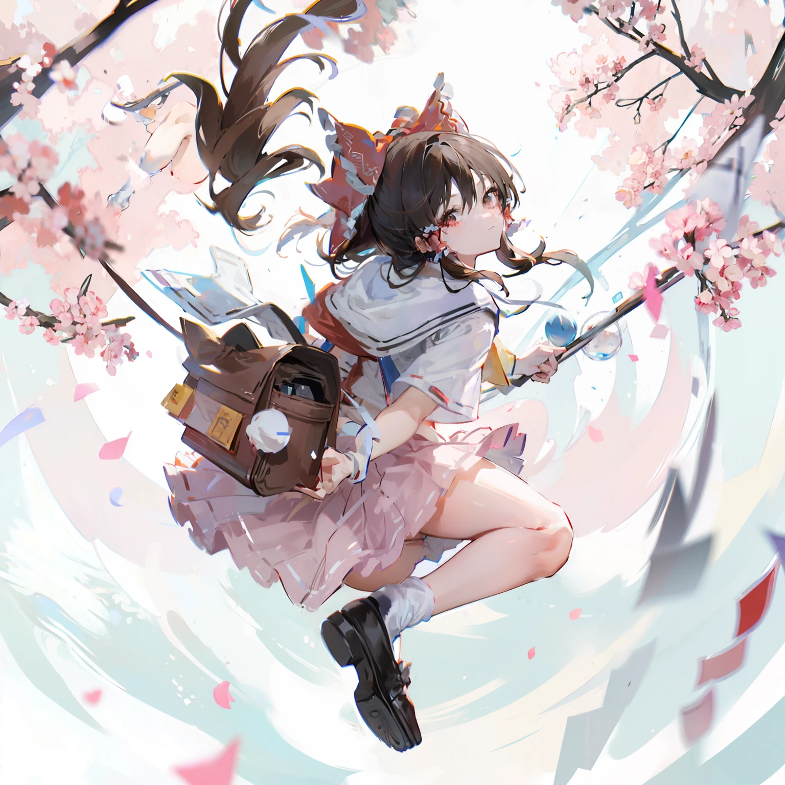 a cartoon of female who has a hat and back pack on in the air, 1girl, solo, hakurei reimu, school uniform, gohei, hair bow, bow, skirt, shoes, serafuku, socks, mary janes, white background, simple background, red bow, hair tubes, alternate costume, long sleeves, brown hair, full body, looking at viewer, long hair, ponytail