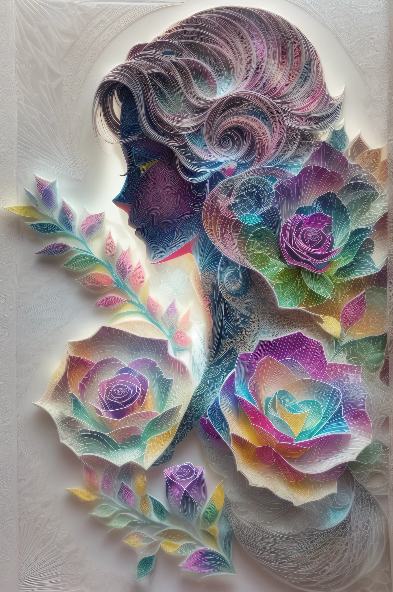 （Hologram projection effect：1.5），（Silhouette of a beautiful woman's avatar,colorful rose)，White background，(paper art, Quilted paper art:1.2, geomerty:1.1, zentangle,a 3D render), (Extremely colorful, Best quality, high detal, Masterpiece, Cinematic lighting, 8K)