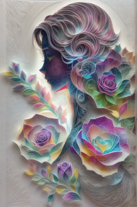 （Hologram projection effect：1.5），（Silhouette of a beautiful woman's avatar,colorful rose)，White background，(paper art, Quilted paper art:1.2, geomerty:1.1, zentangle,a 3D render), (Extremely colorful, Best quality, high detal, Masterpiece, Cinematic lighti...