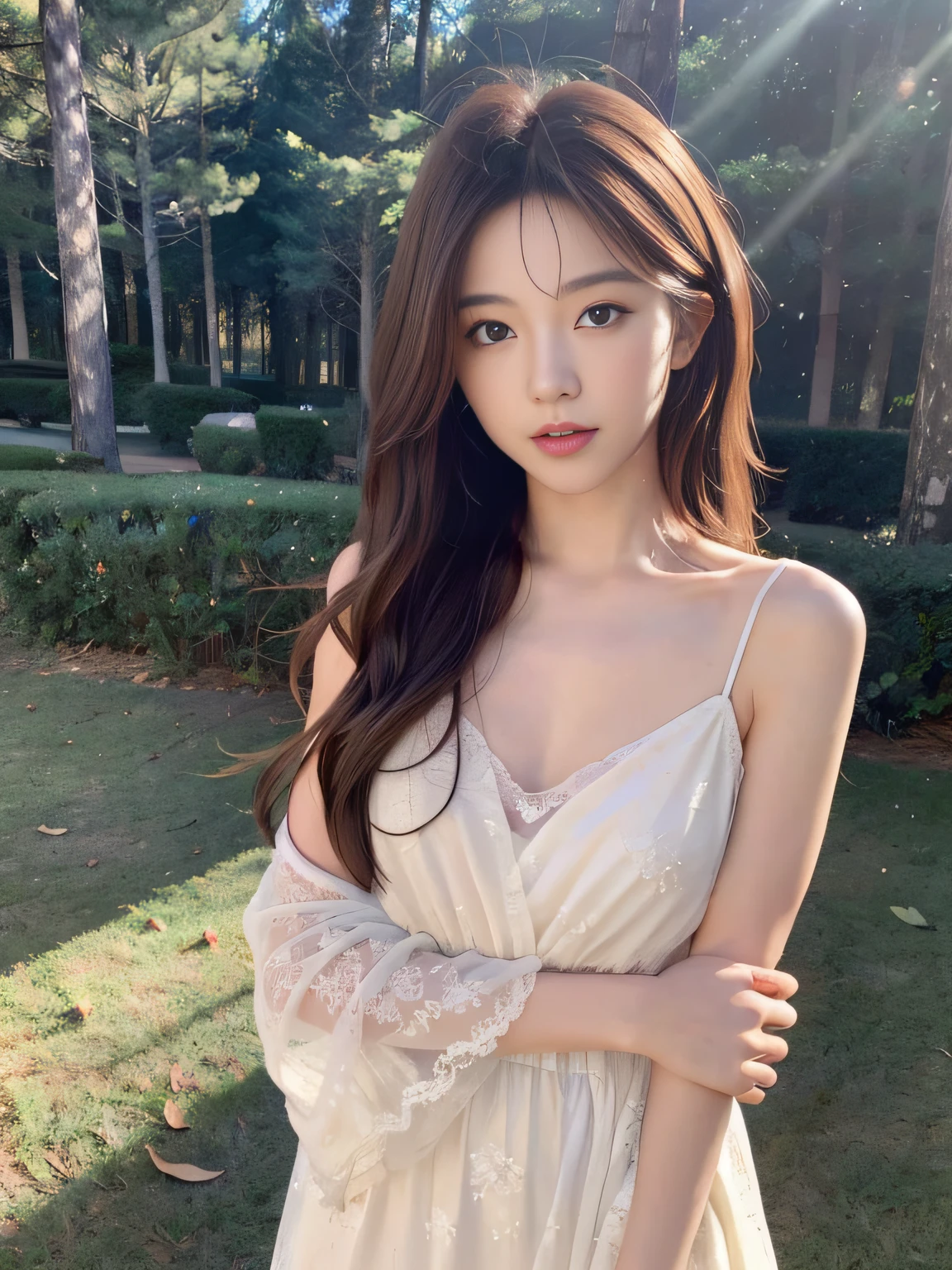 ，Masterpiece, Best quality，8K, 超高分辨率，(beautidful eyes:1.5)， ((Medium view，The upper part of the body:1.5))，In a quiet forest，Sunlight shines on the lake through the dense foliage，Form mottled shadows。A gentle goddess stands by the lake，She wore a soft white dress，Long hair flutters in the wind。