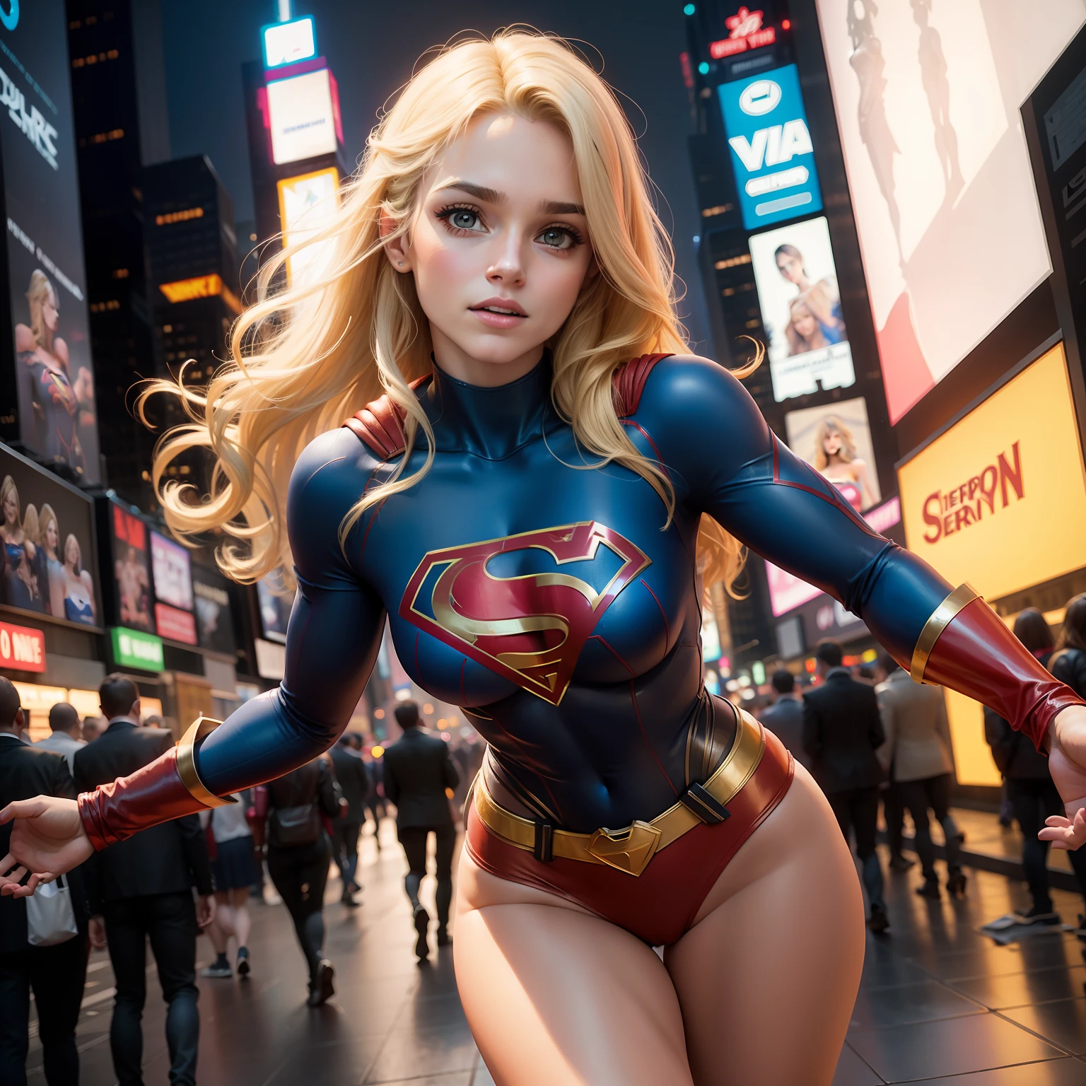 na Cidade de nova york, Praça do tempo, Mulher bonita cabelo curto corpo definido seios grandes, vestindo cosplay de Supergirl