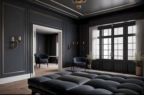Modern black living room design furniture ideas with blue walls, ((2 dark blue armchairs:1.5)), ((a gray sofa on the right and a...
