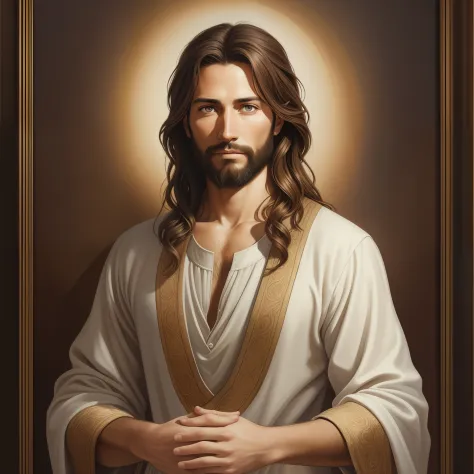 A beautiful ultra-thin realistic portrait of Jesus, the prophet, a man 33 years old Hebrew brunette, short brown hair, long brow...