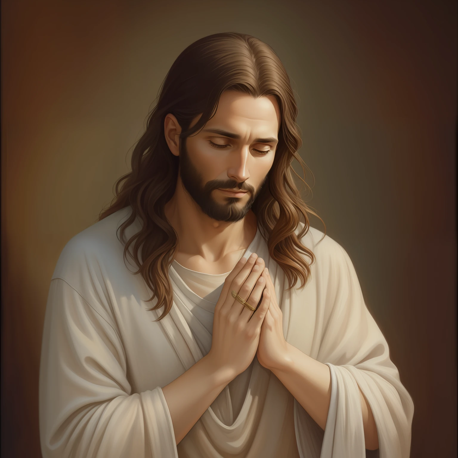 A beautiful ultra-thin realistic portrait of Jesus, the prophet, a man 33 years old Hebrew brunette, short brown hair, long brown beard, wearing long linen tunic closed on the chest part, in front view, full body, biblical, realistic,by Diego Velázquez,Peter Paul Rubens,Rembrandt,Alex Ross,8k, Concept Art, PhotoRealistic, Realistic,  Illustration, Oil Painting, Surrealism, HyperRealistic, pray , Digital art, style, watercolor, natural background, Praying ( Blessing woman)