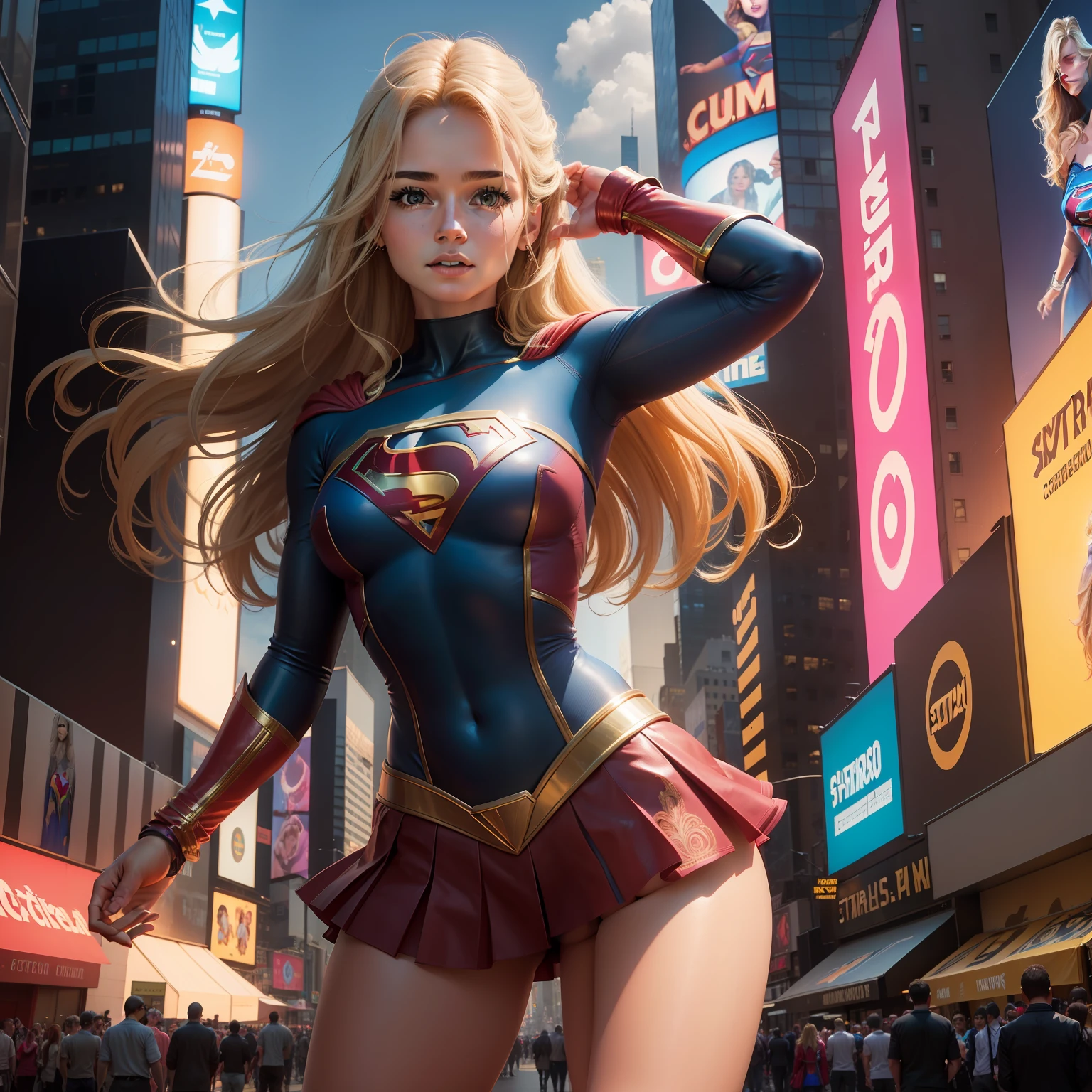 in New York City, time square, Beautiful woman short hair defined body big breasts, vestindo cosplay de Supergirl