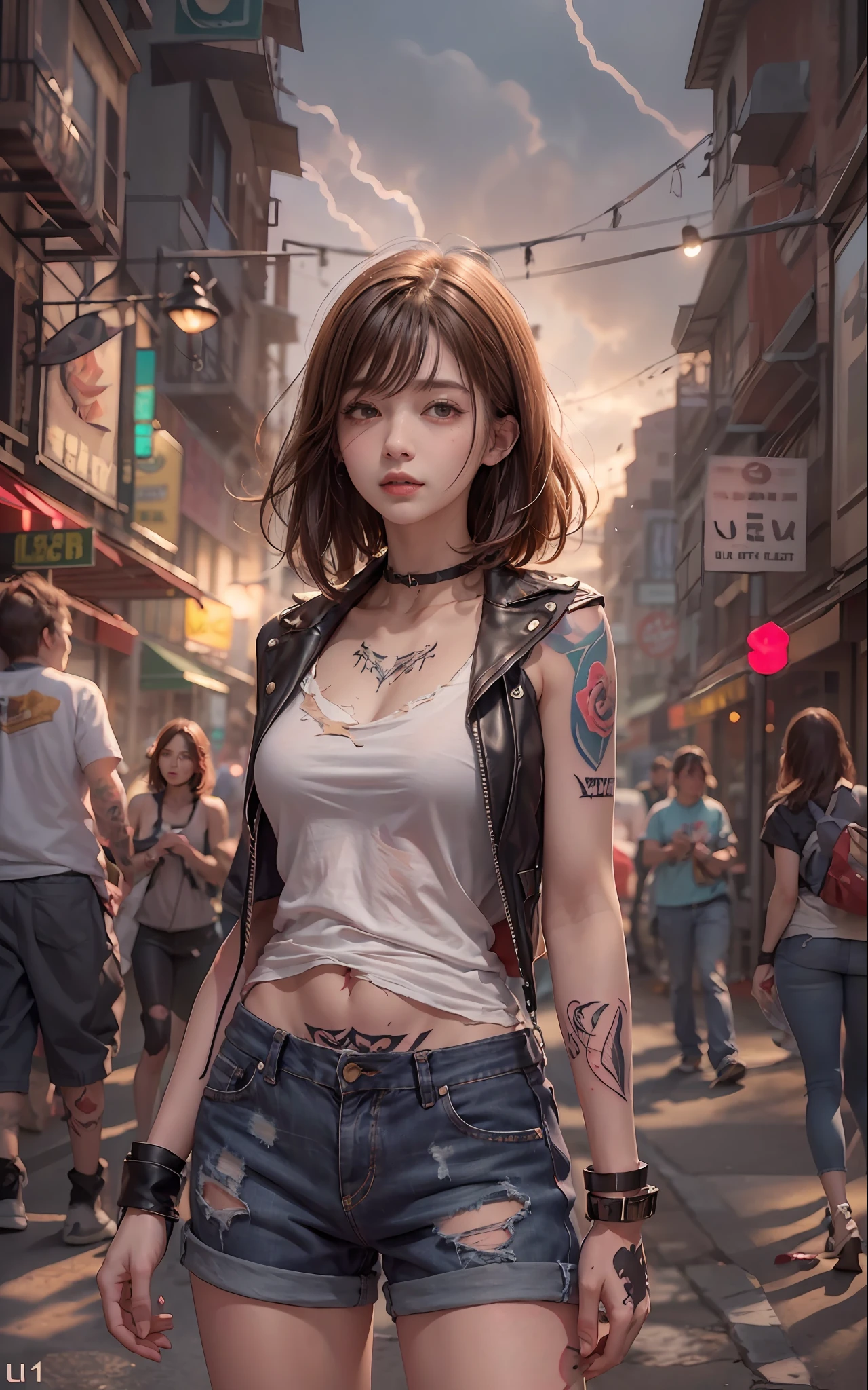 ((medium breast, tomboy girls, small head)),  (chiseled abs : 1.1), (perfect body : 1.1), (short wavy hair : 1.2) , auburn hair, collar, chain, full body shot, crowded street, wearing tanktop, jeans jacket, (torn clothes:1.3)((shorts)), (extremely detailed CG 8k wallpaper), (an extremely delicate and beautiful), (masterpiece), (best quality:1.0), (ultra highres:1.0),  beautiful lighting ,perfect lightning, realistic shadows, [highres], detailed skin, ultra-detailed (((colorful))),(tattoo all:1.5),