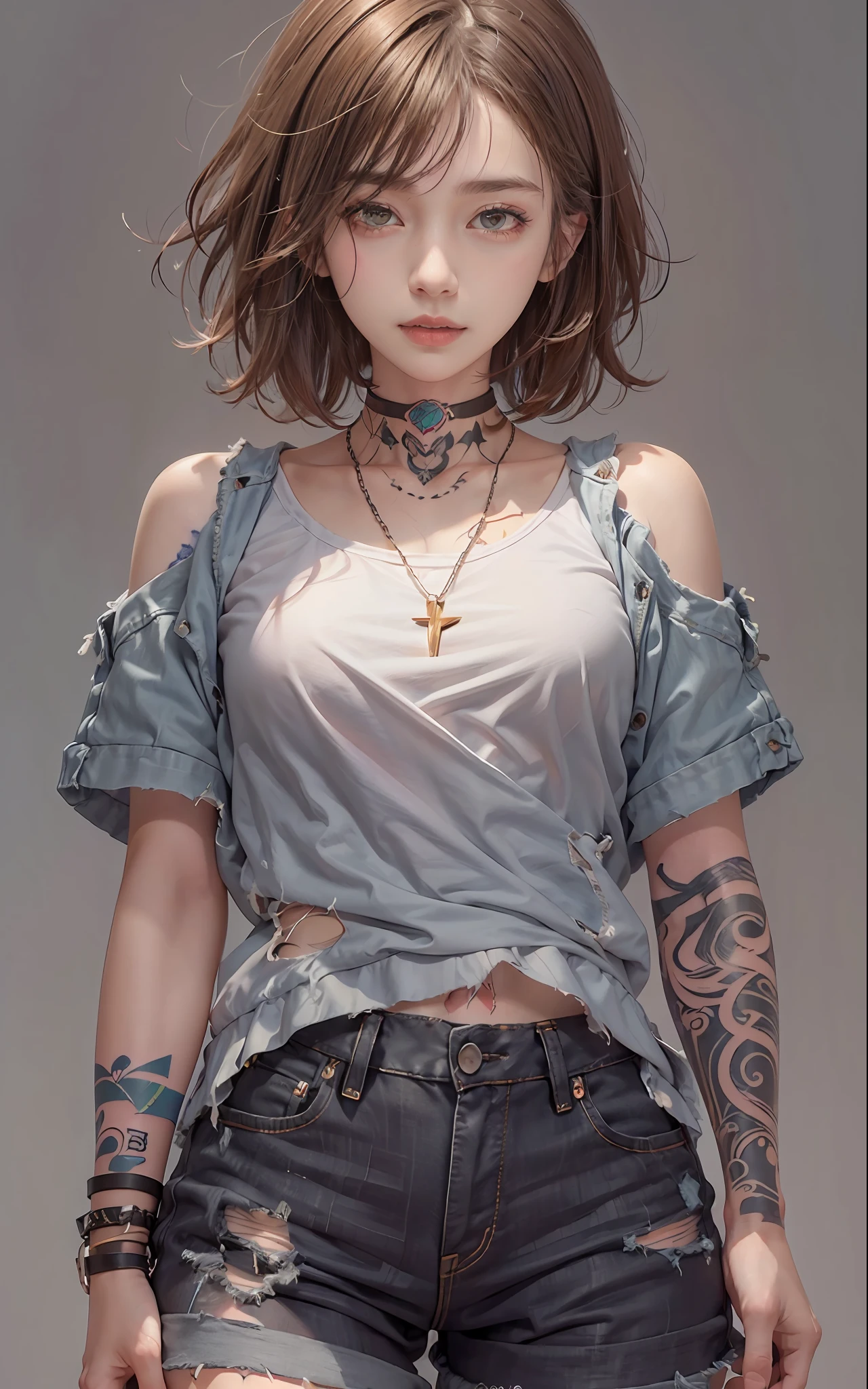 ((medium breast, tomboy girls, small head)),  (chiseled abs : 1.1), (perfect body : 1.1), (short wavy hair : 1.2) , auburn hair, collar, chain, full body shot, crowded street, wearing tanktop, jeans jacket, (torn clothes:1.3)((shorts)), (extremely detailed CG 8k wallpaper), (an extremely delicate and beautiful), (masterpiece), (best quality:1.0), (ultra highres:1.0),  beautiful lighting ,perfect lightning, realistic shadows, [highres], detailed skin, ultra-detailed (((colorful))),(tattoo all:1.5),