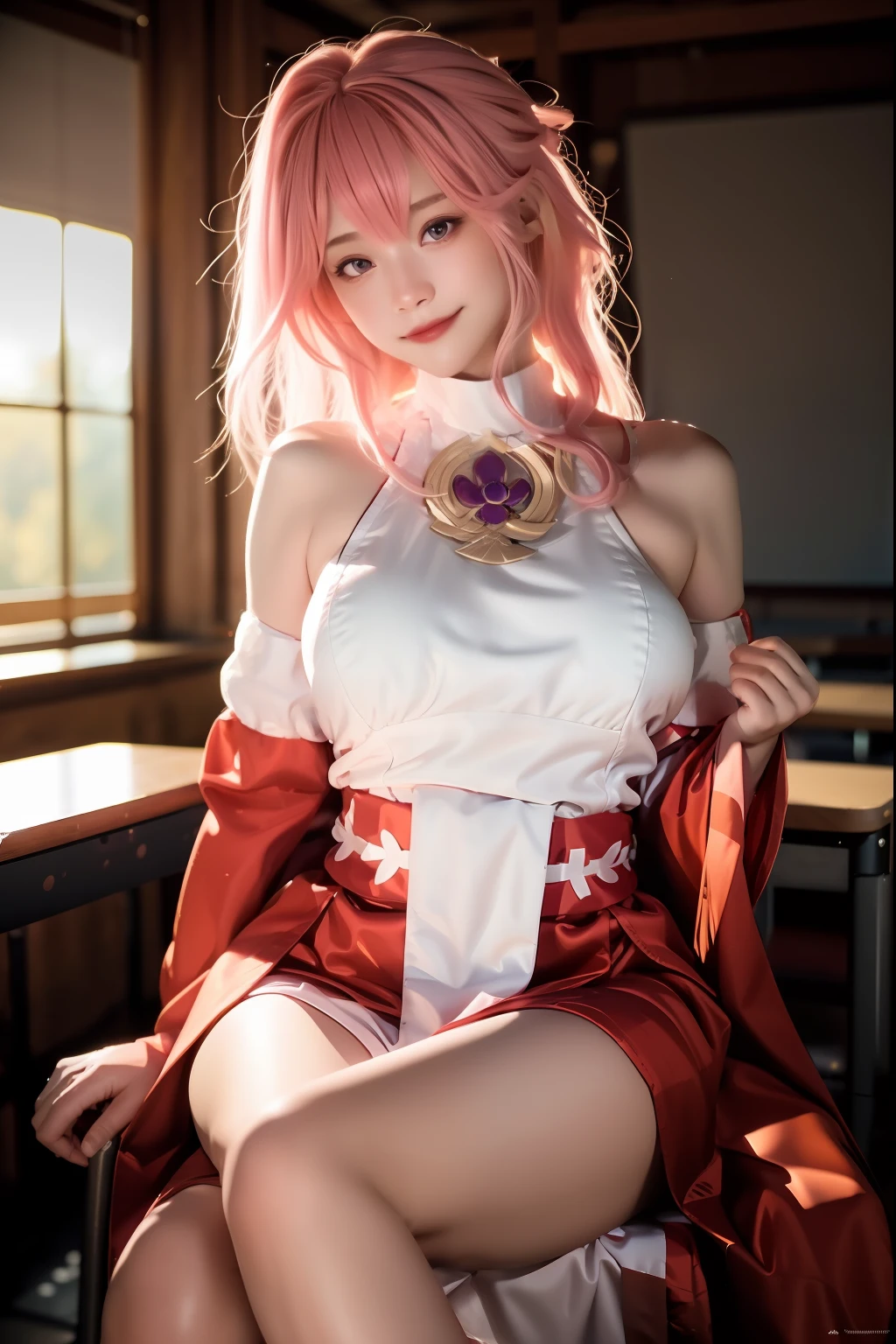 yae_miko, 1girl, bare_shoulders, breasts, detached_sleeves, jewelry, lips, long_hair, long_sleeves, looking_at_viewer, pink_hair, sash, sitting,  solo, wide_sleeves, 
Charming eyes, smile,
Sitting on the chair, sunlight, Autumn,
masterpiece, best quality, 
  RAW photo, 8k, 4k, (intricate details:1.0), (ultra detailed:1.0),  (depth of field:1.0), (blurry background:1.0), (classroom:1.1), (spotlight effect:1.0), (light from the front:1.0), (fair skin:1.0), (super detailed skin:1.0), (clear translucent skin:1.0), (perfect body:1.0), (skinny,:1.0), (curvy body:1.0), (face:1.0), (sensual:1.0),