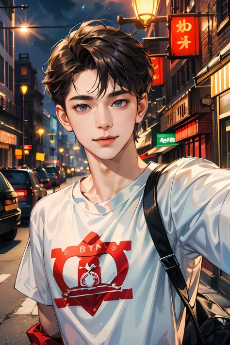 (absurdres, highres, ultra detailed, HDR), masterpiece, best quality, 1boy, handsome, short hair, finely eye and detailed face, (white t-shirt), (red jacket), dimple, night street, night city, midnight, selfie shot, light smile