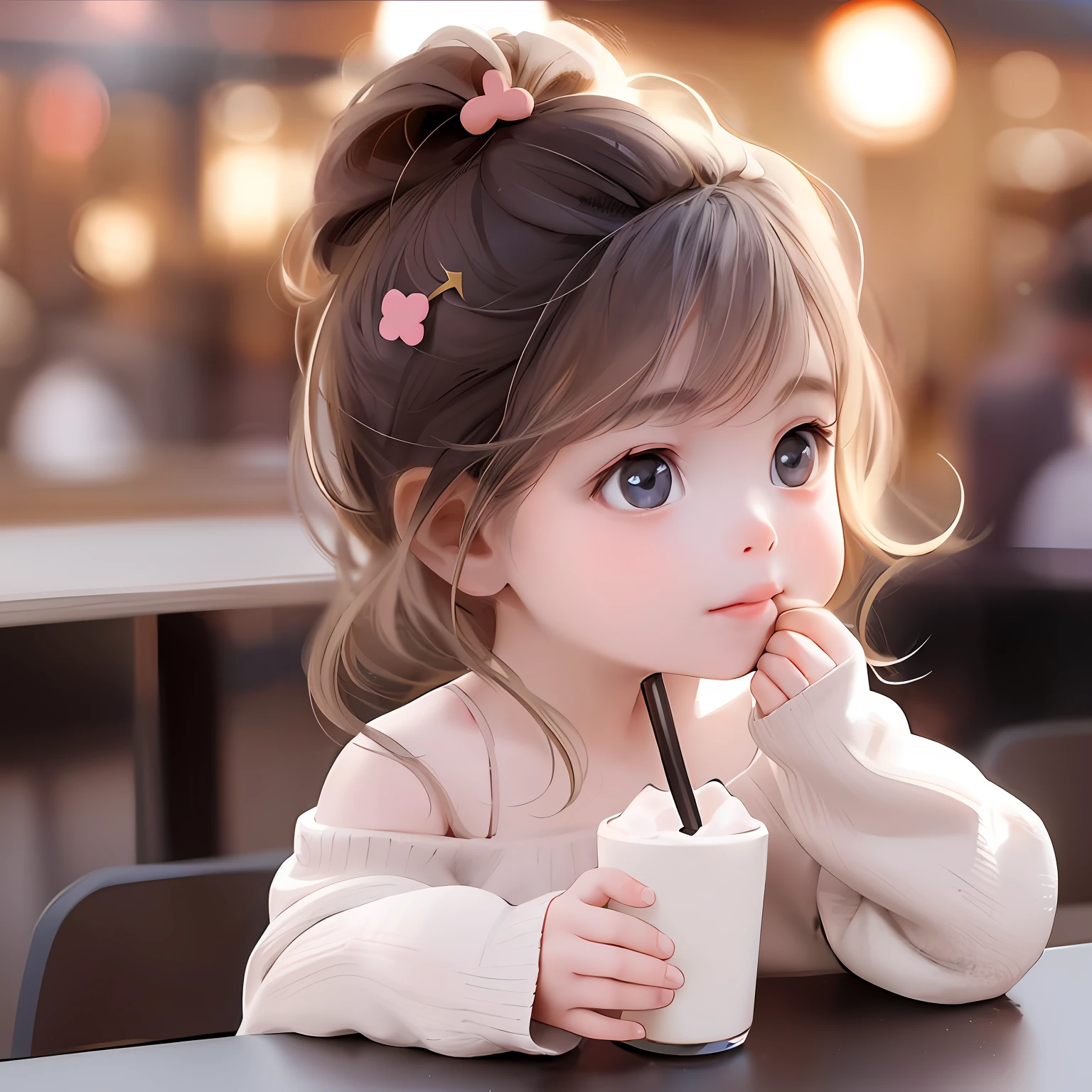 there is a  sitting at a table with a drink, cute beautiful, adorable digital art, Cute and lovely, lovely digital painting, cute cute, Realistic cute girl painting, beautiful lovely, Cute detailed digital art, young and cute girl, with cute doting eyes, Cute cartoon character, Very beautiful girl, Cute young girl, Cute cartoon, adorable expression