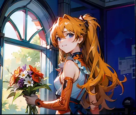 asuka，ssmile，beside the window，flowers in hand