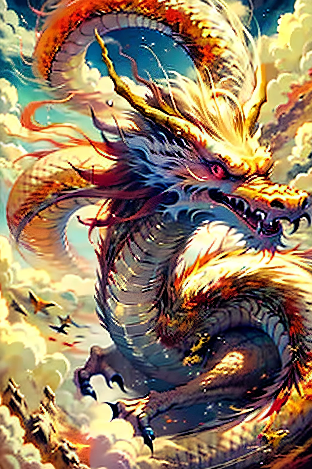 Best quality at best，tmasterpiece，超高分辨率，without humans，（The long：1.2），without humans，​​clouds，red eyes，banya，with her mouth open，Skysky，fang，a Oriental Dragons，mostly cloudy sky，teeth，flight，firey，The bird，wings