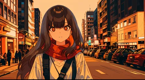 1girl, long brown hair, bangs, orange pupil, spiky hair both side, red scarf, sony camera, photography